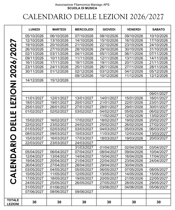 Calendario delle Lezioni Maniago 2026 2027